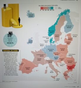 Enormi differenze salariali, Cartina del settimanale Visao sui salari medi europei per ora nel 2023 