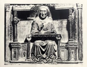 Irnerio, Professore in cattedra, dettaglio dell’Arco di Giovanni di Andrea. Marmo XIV secolo. Museo Medioevale di Bologna